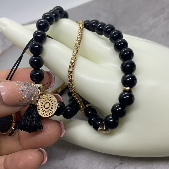 Boho Chic Black Marble Beaded Layering Bracelet Set - Picture 6 of 13